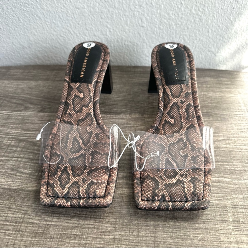 Good American Brown Snake Print Clear Strap Square Toe Sandals